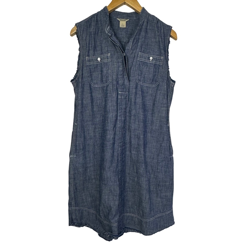 Duluth Trading Co Womens Blue Organic Cotton Sleeveless Chambray Shirt Dress L
